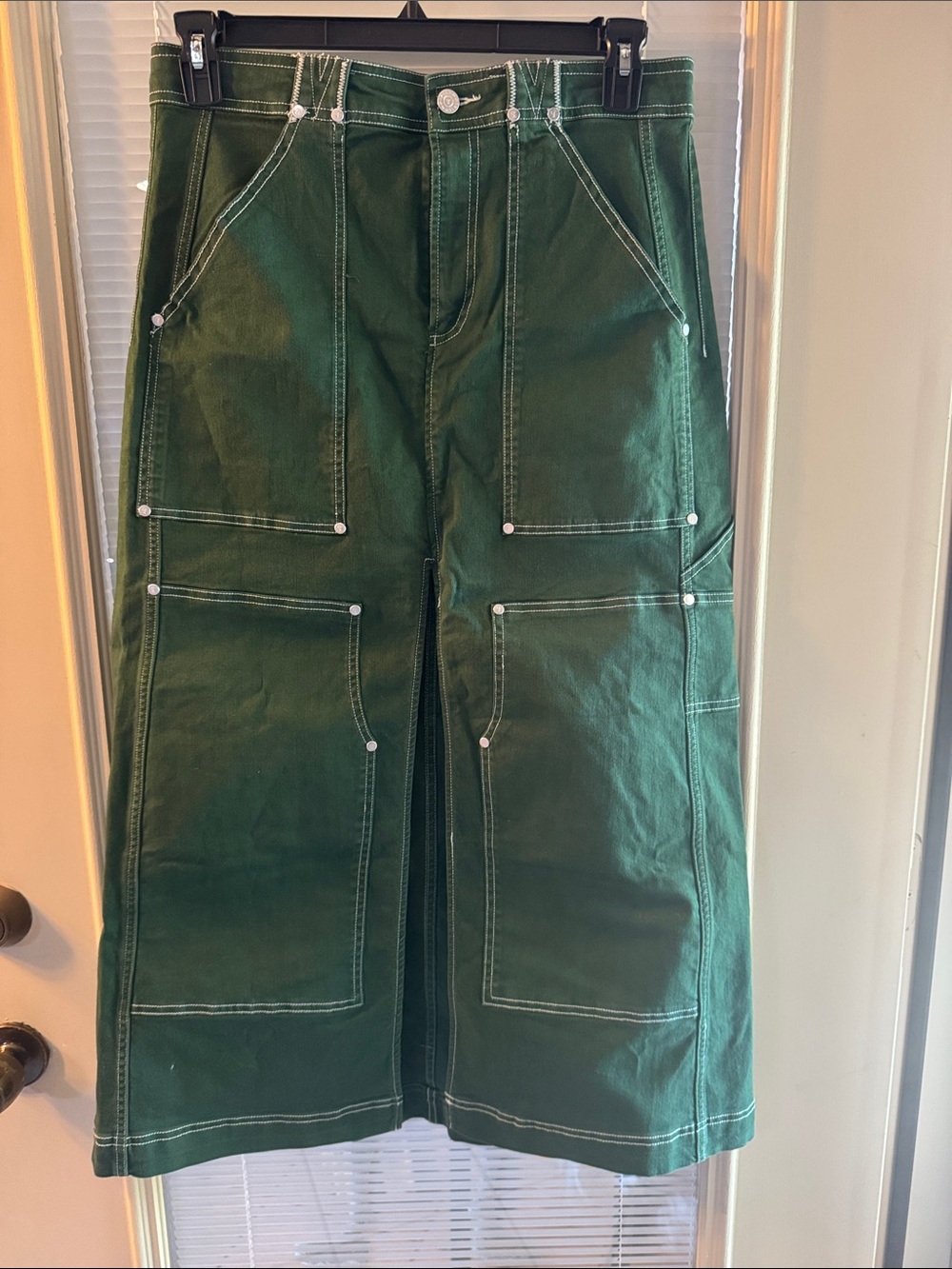 Anthropologie Deep Green Maxi Utility Skirt with White Topstitching